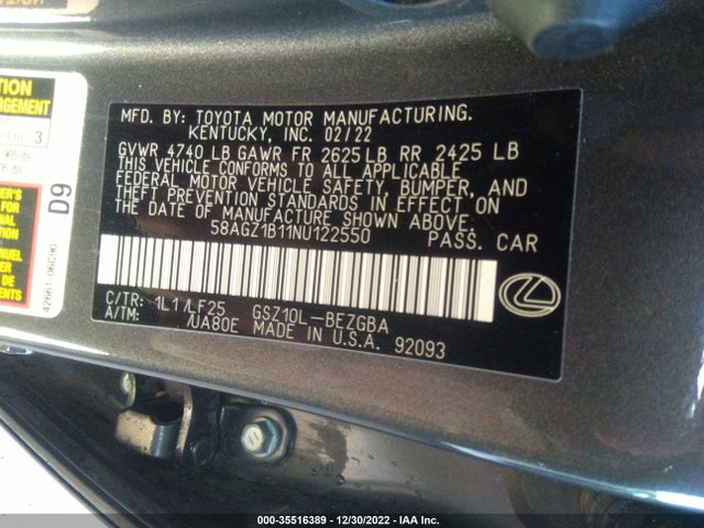 2022 Lexus ES, VIN: 58AGZ1B11NU122550