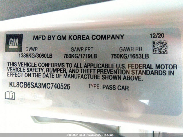 2021 Chevrolet Spark, VIN: KL8CB6SA3MC740526