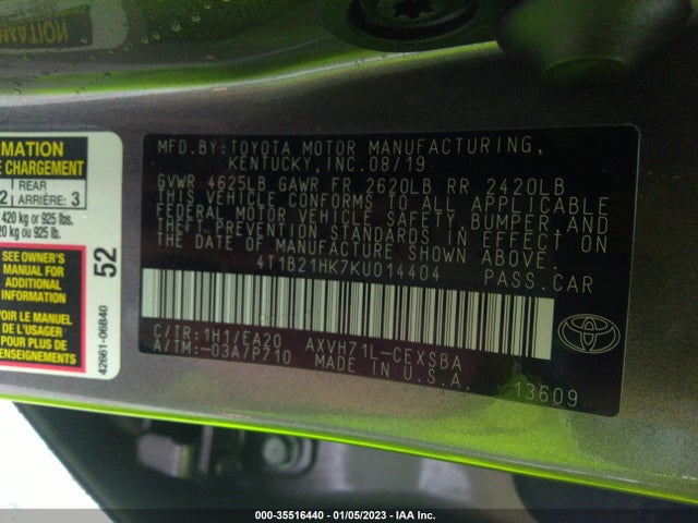 35516440 :رقم المزاد ، 4T1B21HK7KU014404 vin ، 2019 Toyota Camry Hybrid مزاد بيع