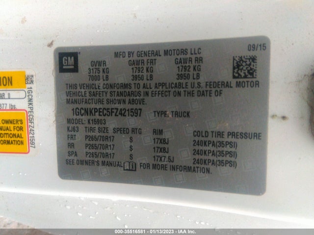 2015 CHEVROLET SILVERADO 1500 WORK TRUCK VIN: 1GCNKPEC5FZ421597