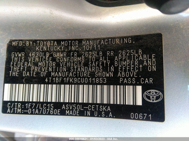 2012 TOYOTA CAMRY L/LE/SE/XLE VIN: 4T1BF1FK9CU011853