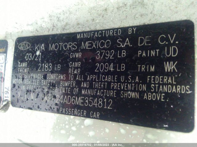 3KPF24AD6ME354812 KIA Forte Lxs