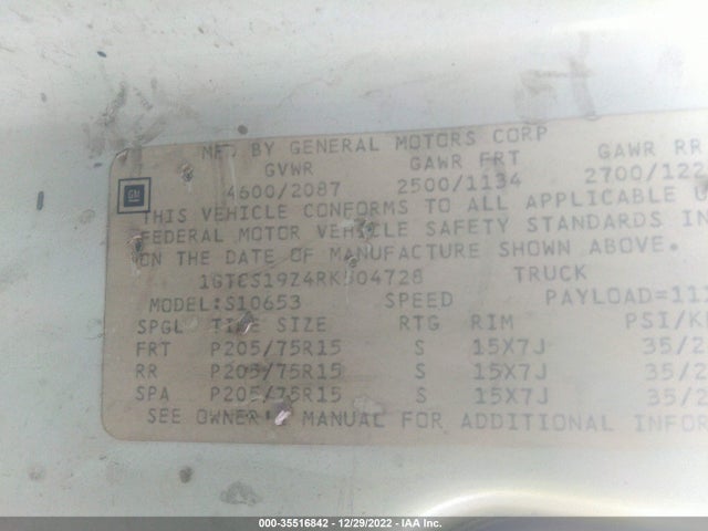GMC Sonoma 1994 1GTCS19Z4RK504728 Image 10