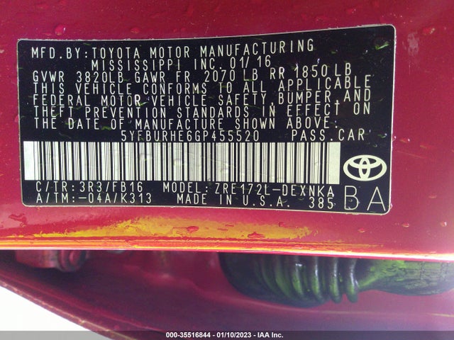 2016 Toyota Corolla, VIN: 5YFBURHE6GP455520