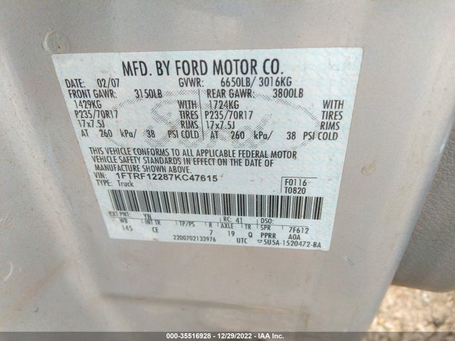 2007 FORD F-150 XL/STX/XLT VIN: 1FTRF12287KC47615