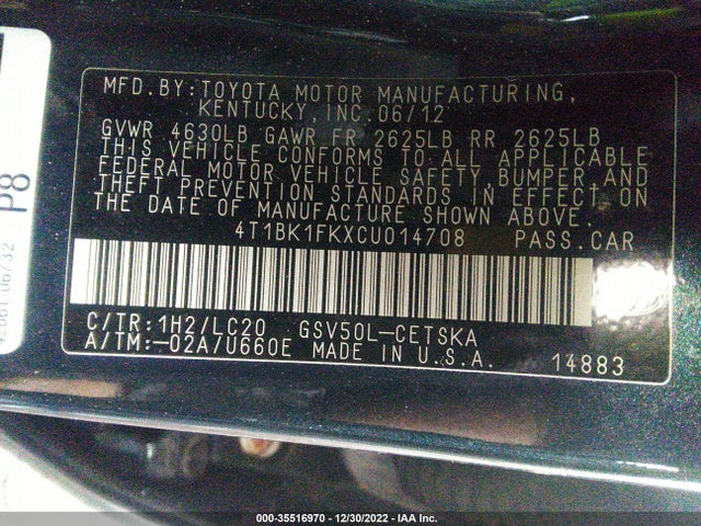 2012 TOYOTA CAMRY SE/XLE VIN: 4T1BK1FKXCU014708