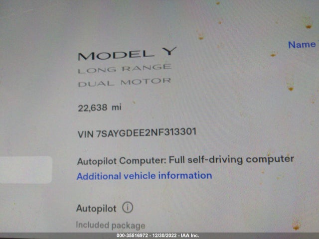 2022 Tesla Model Y, VIN: 7SAYGDEE2NF313301