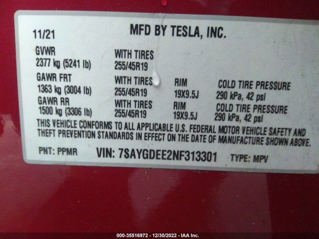 2022 Tesla Model Y, VIN: 7SAYGDEE2NF313301