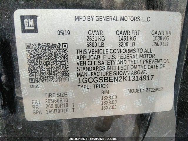 2019 Chevrolet Colorado, VIN: 1GCGSBEN2K1314917