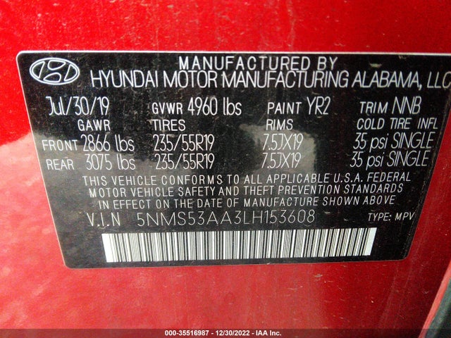2020 Hyundai Santa Fe, VIN: 5NMS53AA3LH153608