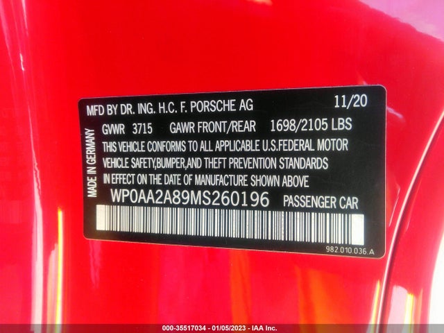 2021 Porsche 718, VIN: WP0AA2A89MS260196