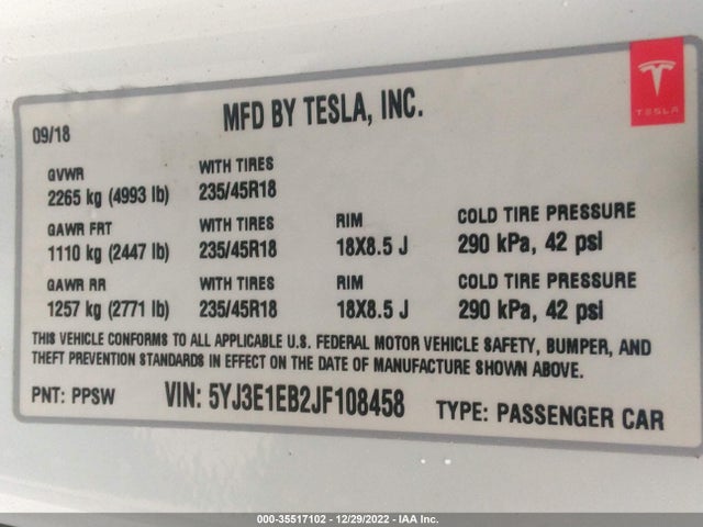 Tesla Model 3 Long Range 2018 5YJ3E1EB2JF108458 Image 10