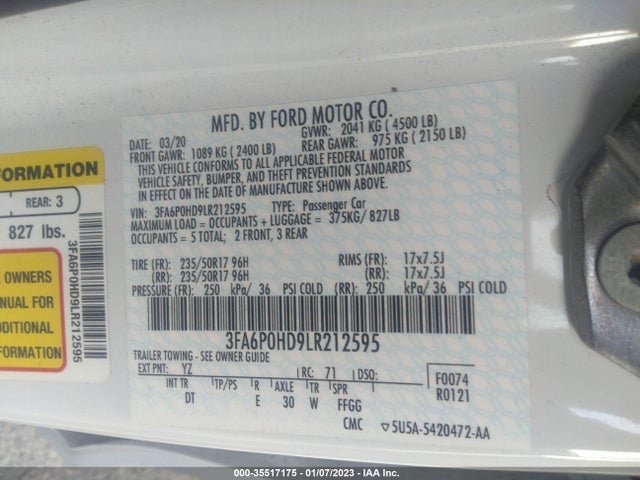 2020 Ford Fusion, VIN: 3FA6P0HD9LR212595