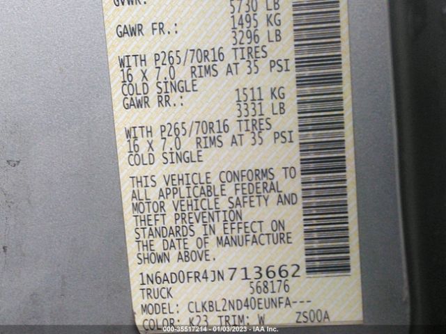 1N6AD0FR4JN713662 Nissan Frontier Sv V6