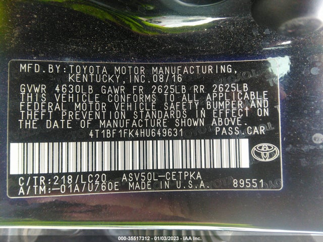 2017 Toyota Camry, VIN: 4T1BF1FK4HU649631