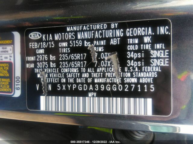 5XYPGDA39GG027115 KIA SORENTO LX
