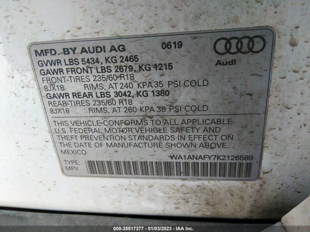 2019 Audi Q5, VIN: WA1ANAFY7K2126589