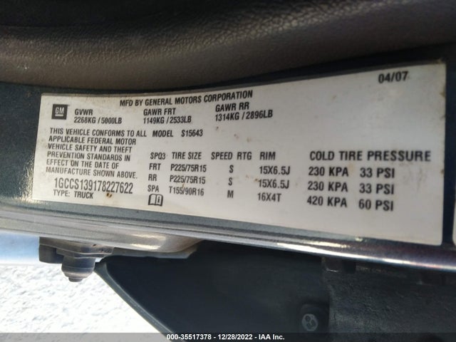 2007 CHEVROLET COLORADO LT W/1LT VIN: 1GCCS139178227622