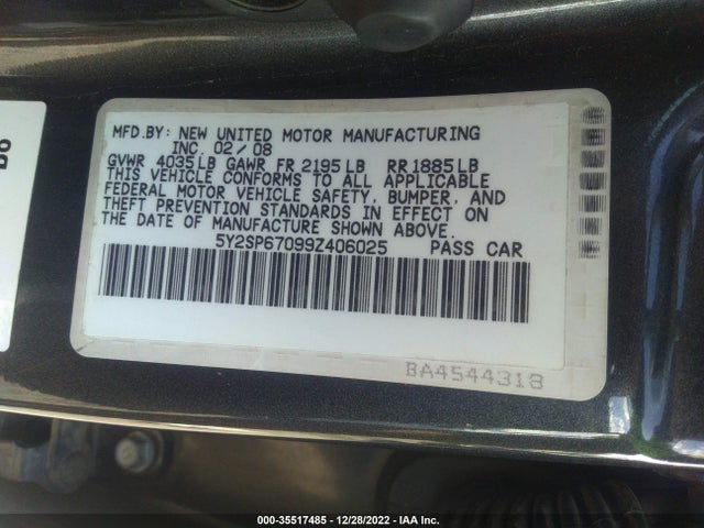 2009 PONTIAC VIBE W/1SB VIN: 5Y2SP67099Z406025