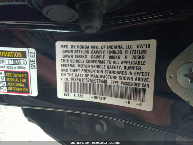 2010 HONDA CIVIC SDN LX VIN: 19XFA1F52AE078448