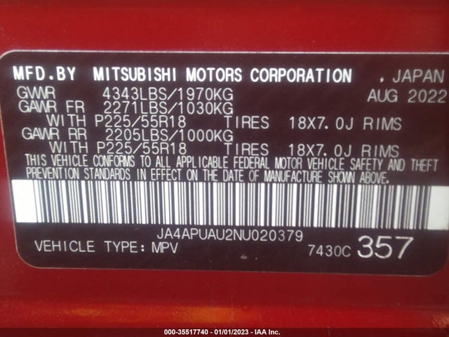 2022 Mitsubishi Outlander, VIN: JA4APUAU2NU020379
