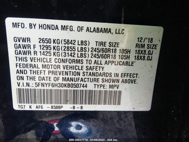 2019 Honda Pilot, VIN: 5FNYF6H30KB050744
