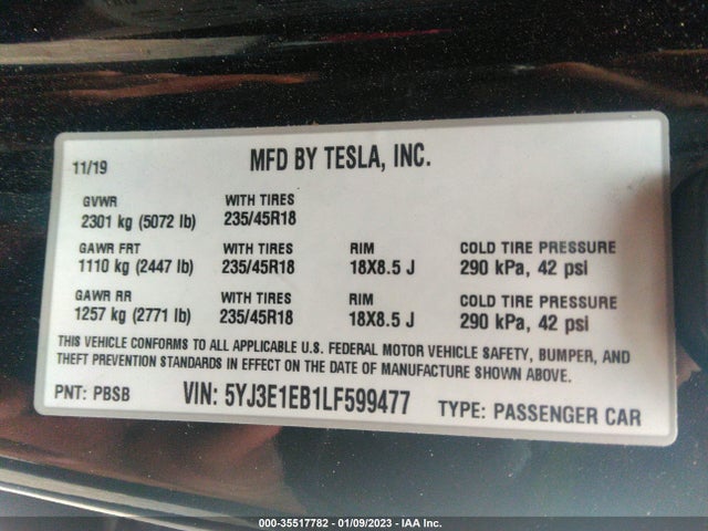 Tesla Model 3 Long Range 2020 5YJ3E1EB1LF599477 Image 10