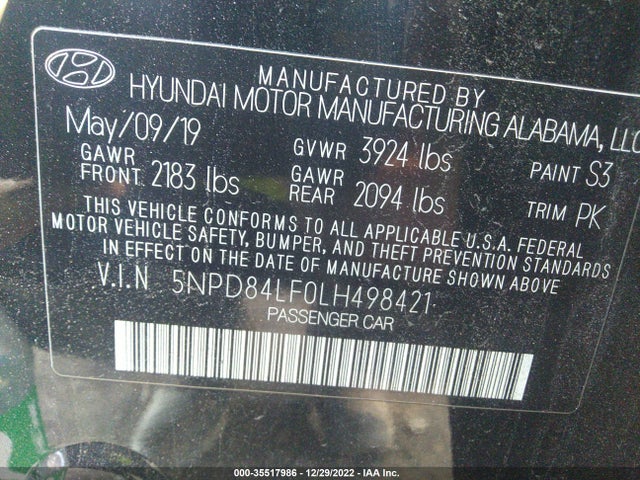 2020 HYUNDAI ELANTRA VALUE EDITION VIN: 5NPD84LF0LH498421