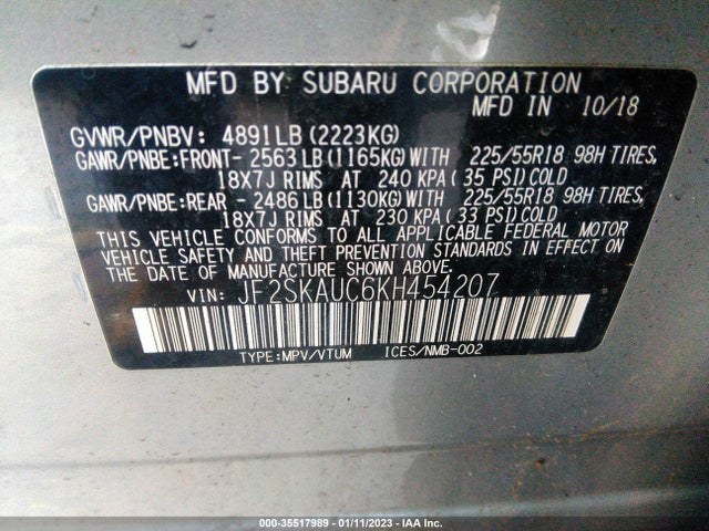 2019 Subaru Forester, VIN: JF2SKAUC6KH454207