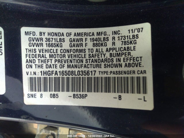 2008 HONDA CIVIC SDN LX VIN: 1HGFA16508L035617