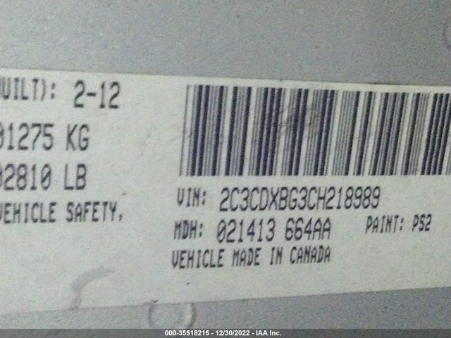 35518215 :رقم المزاد ، 2C3CDXBG3CH218989 vin ، 2012 Dodge Charger Se مزاد بيع