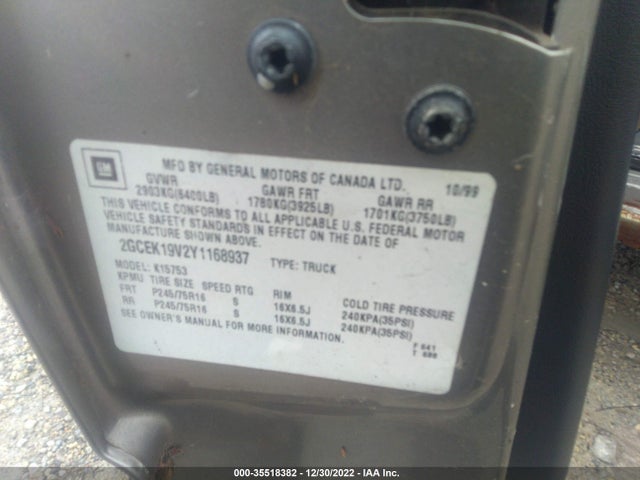 2000 CHEVROLET SILVERADO 1500 VIN: 2GCEK19V2Y1168937