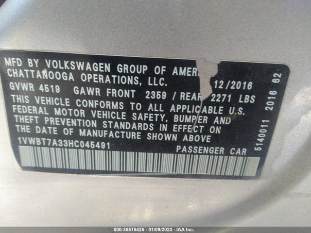 2017 VOLKSWAGEN PASSAT 1.8T SE VIN: 1VWBT7A33HC045491