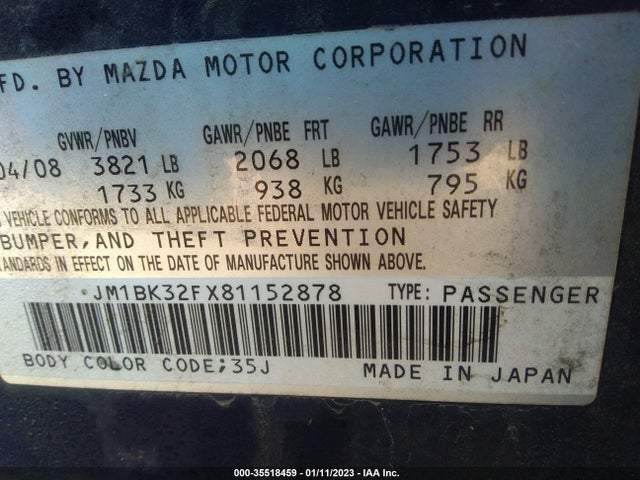 2008 MAZDA MAZDA3 I TOURING VALUE VIN: JM1BK32FX81152878