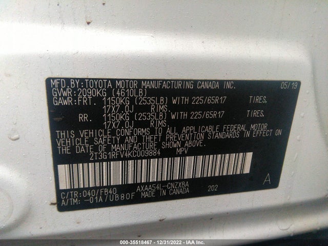 2019 TOYOTA RAV4 LE VIN: 2T3G1RFV4KC009884