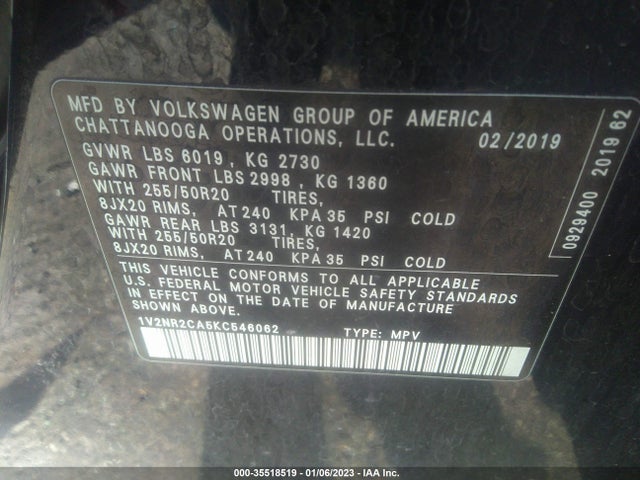 1V2NR2CA5KC546062 Volkswagen Atlas 3.6l V6 Sel Premium