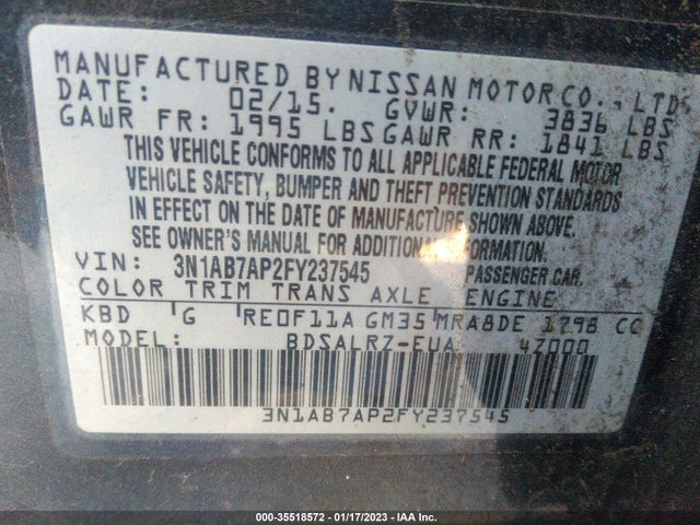 2015 NISSAN SENTRA SR VIN: 3N1AB7AP2FY237545