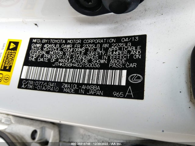 Lexus CT 200H 2013 JTHKD5BH4D2150036 Image 9