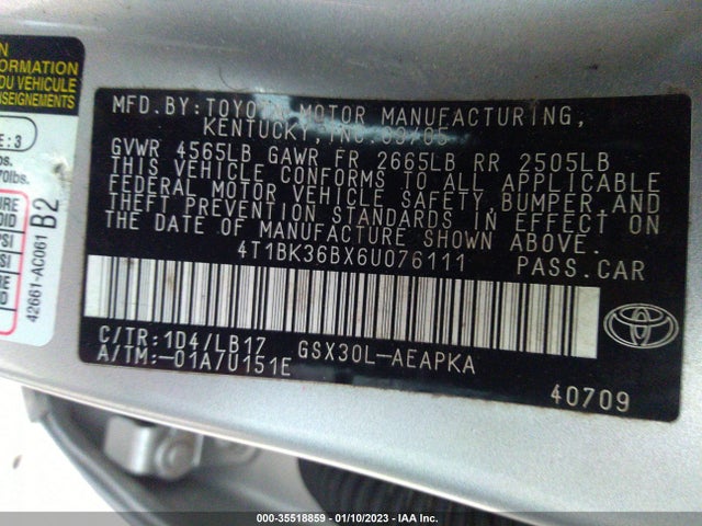 2006 TOYOTA AVALON XL/TOURING/XLS/LIMITED VIN: 4T1BK36BX6U076111