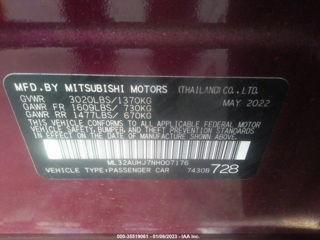 2022 Mitsubishi Mirage, VIN: ML32AUHJ7NH007176