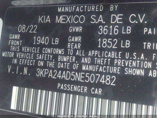 3KPA24AD5NE507482 KIA RIO S