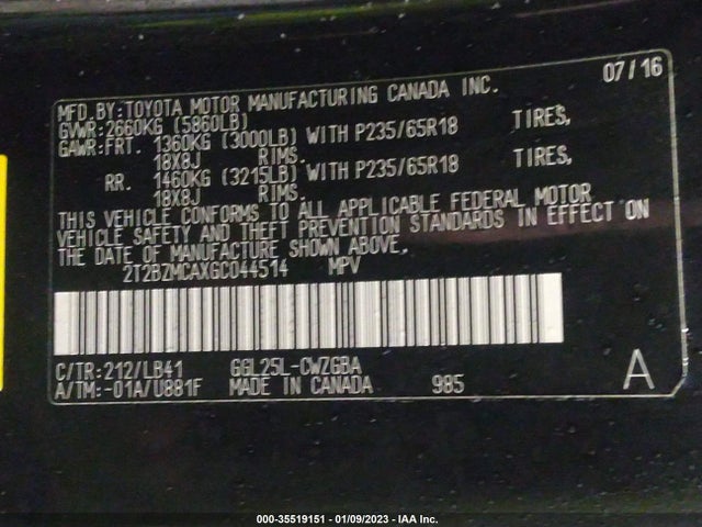 2T2BZMCAXGC044514 Lexus RX 350