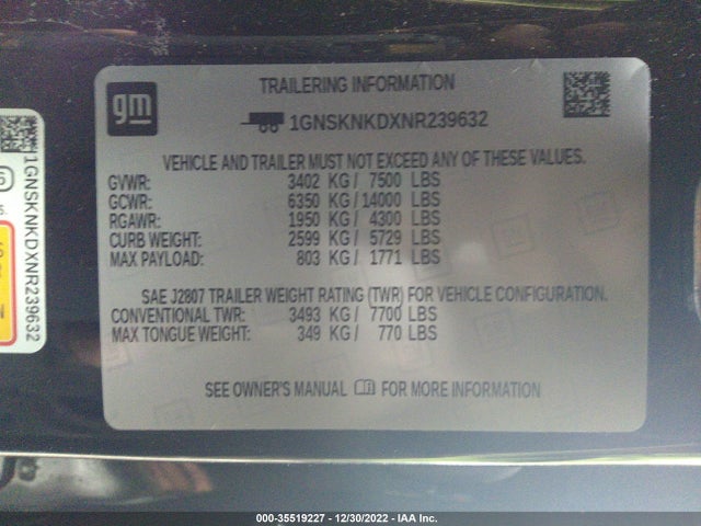 Chevrolet Tahoe Lt 2022 1GNSKNKDXNR239632 Image 9
