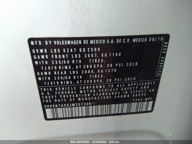 3VV5B7AXXJM207306 Volkswagen Tiguan Sel Premium