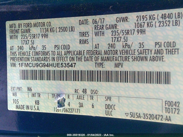 2017 Ford Escape, VIN: 1FMCU9G94HUE53547