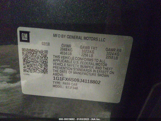 2018 Chevrolet Bolt EV, VIN: 1G1FX6S09J4118802