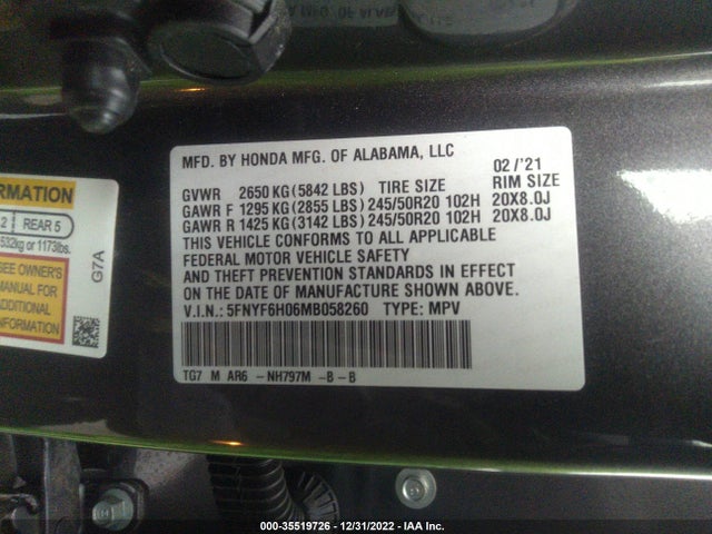2021 Honda Pilot, VIN: 5FNYF6H06MB058260