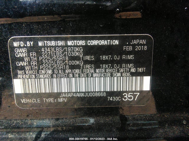 2018 Mitsubishi Outlander, VIN: JA4AP4AWXJU008668