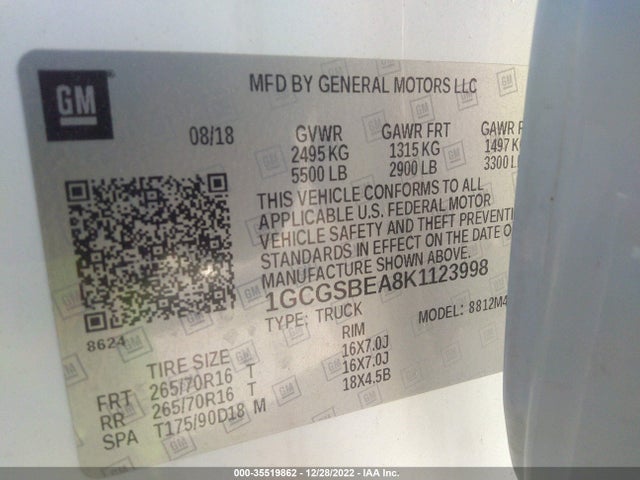 2019 Chevrolet Colorado, VIN: 1GCGSBEA8K1123998