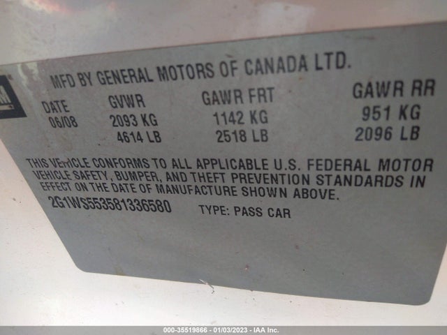 2008 CHEVROLET IMPALA POLICE POLICE VIN: 2G1WS553581336580